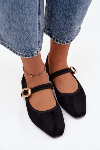 Baleriny Z Paskiem I Złotą Klamrą Eko Zamszowe Czarne Adelora