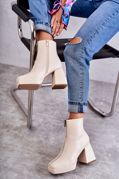 Damskie Botki Na Masywnym Obcasie Z Suwakiem Beżowe Carrera