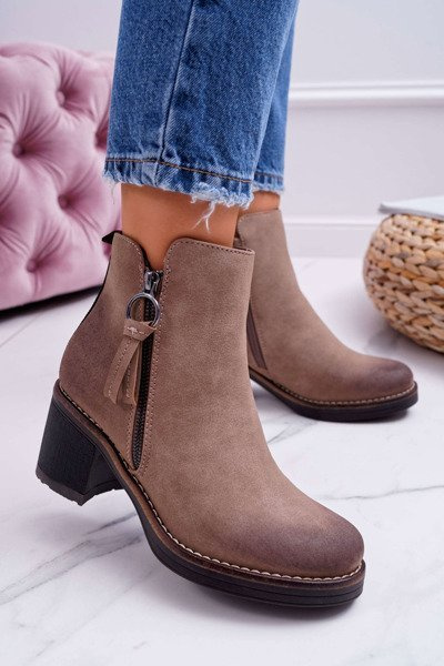 Damskie Botki Na Słupku Ocieplane Filcem Beżowe Delia