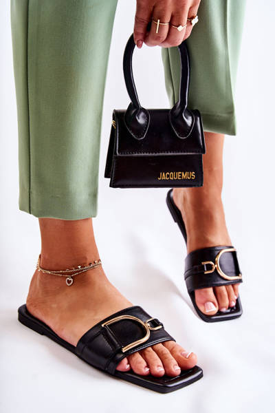 Damskie Skórzane Klasyczne Klapki Z Ozdobą Czarne Shilla