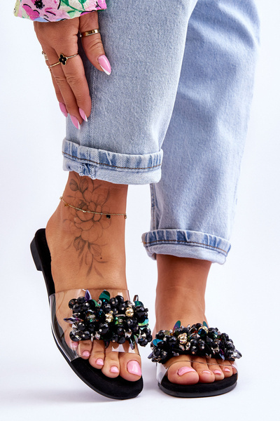 Damskie Klapki Z Ozdobnymi Kamieniami S.Barski KV-576-3 Czarne