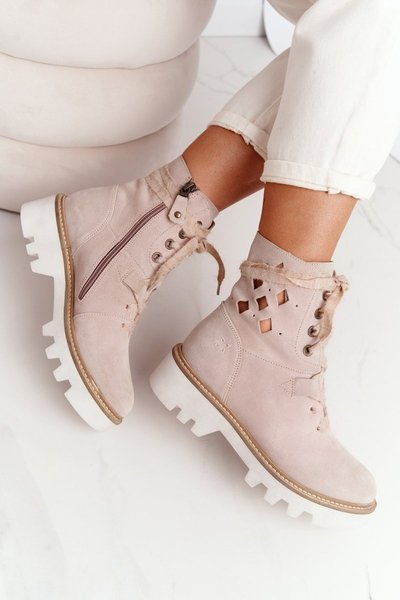 Zamszowe Ażurowe Botki Maciejka Beżowe 05033-04