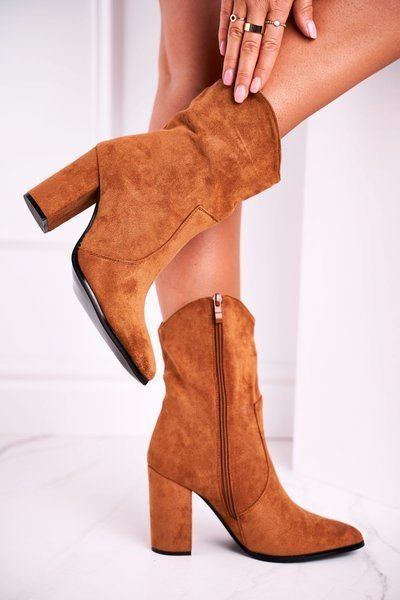 Botki Damskie Na Słupku Eko-Zamsz Camel Ecstasy