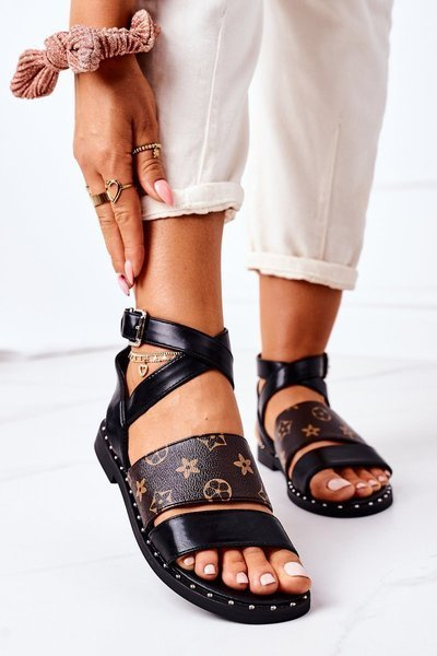 Płaskie Skórzane Sandały Czarne Loretta