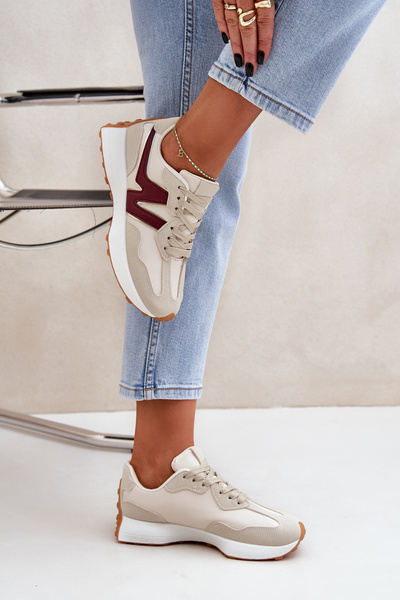 Buty Sportowe Sneakersy Damskie Beżowo-Bordowe Britma
