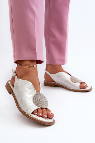 Sandały Damskie Z Ozdobą Na Płaskim Obcasie S.Barski KV24-057 Srebrne