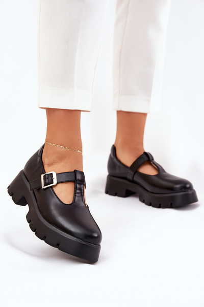 Półbuty Damskie Z Klamrą Na Platformie I Płaskim Obcasie Czarne Venda