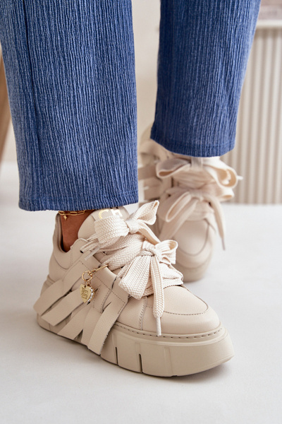 Sneakersy Skórzane Damskie Na Platformie Beżowe CheBello 4568