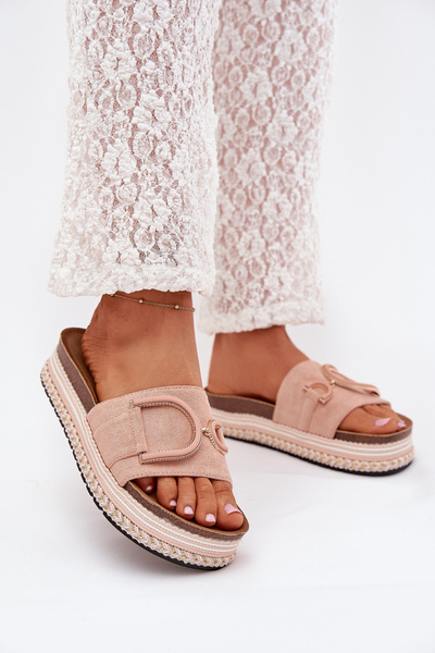 Klapki Damskie Na Platformie Z Ozdobą Różowe Daphira