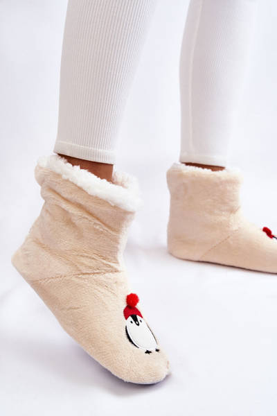 Damskie Wsuwane Ocieplane Papcie Z Pingwinami Kremowe