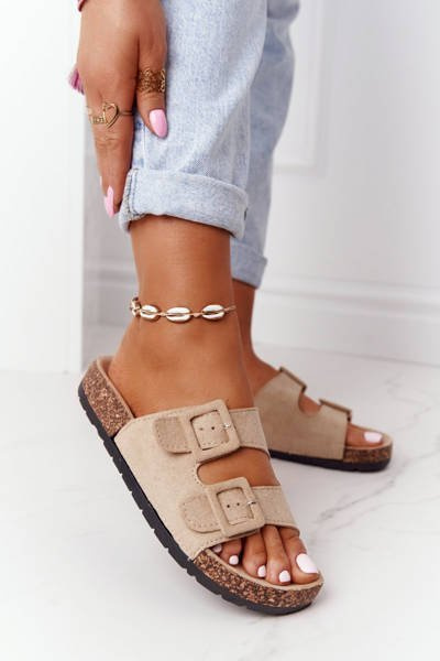 Zamszowe Klapki Na Korkowej Podeszwie Beżowe Jennifer