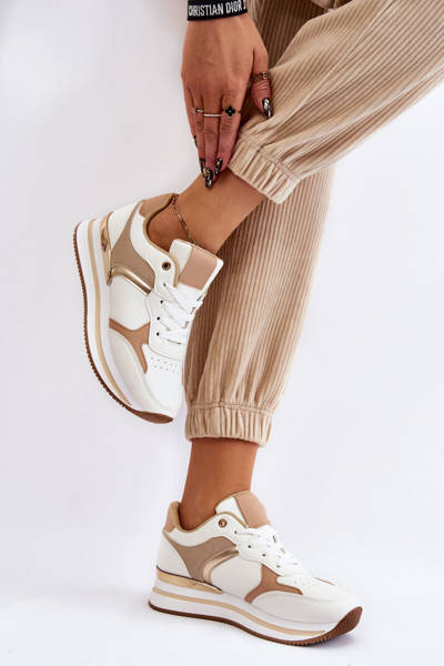 Damskie Modne Buty Sportowe Na Koturnie Biało-Beżowe Yuki