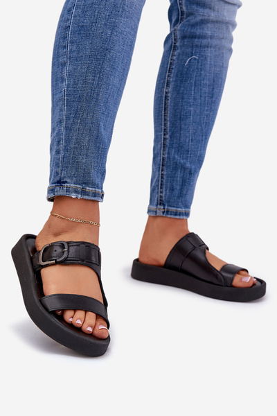 Skórzane Klapki Damskie Na Platformie Zazoo 3024 Czarne