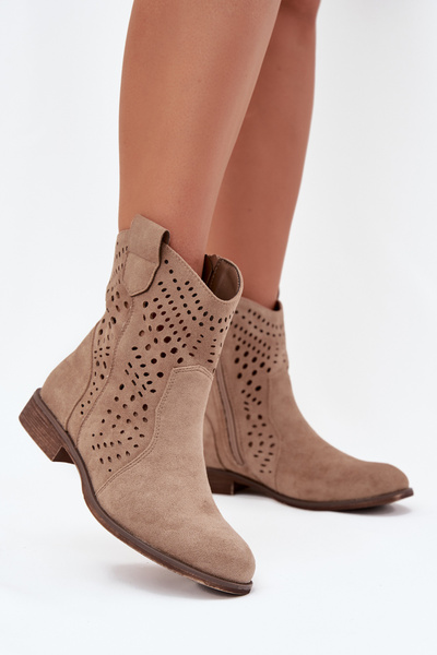 Ażurowe Botki Damskie Na Płaskim Obcasie Beżowe Amisna
