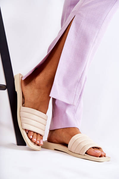 Damskie Skórzane Klapki Z Pikowaniem Beżowe Raula