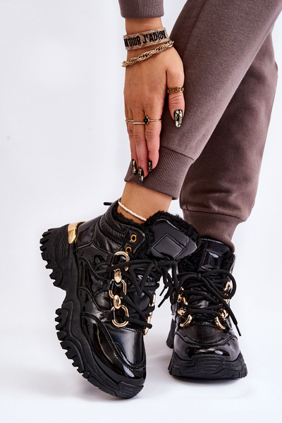 Damskie Ocieplane Buty Sportowe Trapery Sznurowane Czarne Bastini