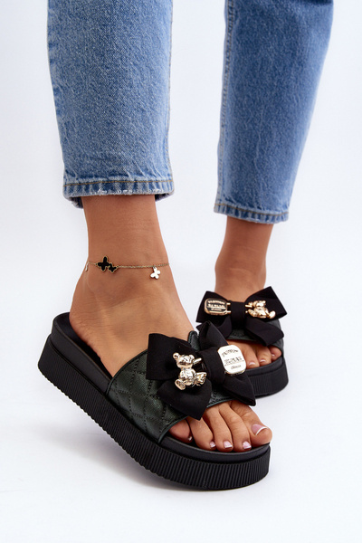 Damskie Klapki Z Kokardą i Misiem Czarne Katterina