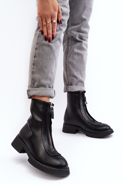 Damskie Botki Na Płaskim Obcasie Z Suwakiem Czarne Elkasa