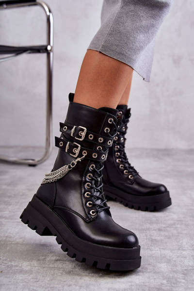 Wysokie Workery Botki Z Łańcuchem Czarne Montero